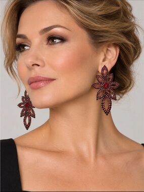 Source Unknown Deep Red Floral Crystal Drop Earrings - Women Jewelry
